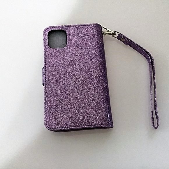 PHONE 11 6.1" GILTTER PURPLE FLIP WALLET WRIST STRAP CARD HOLDER - Picture 15 of 16